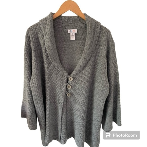 Denim & Co. Three Button Gray Knit 3/4 Sleeve Shawl Collar Cardigan XL Sweater - Picture 1 of 11